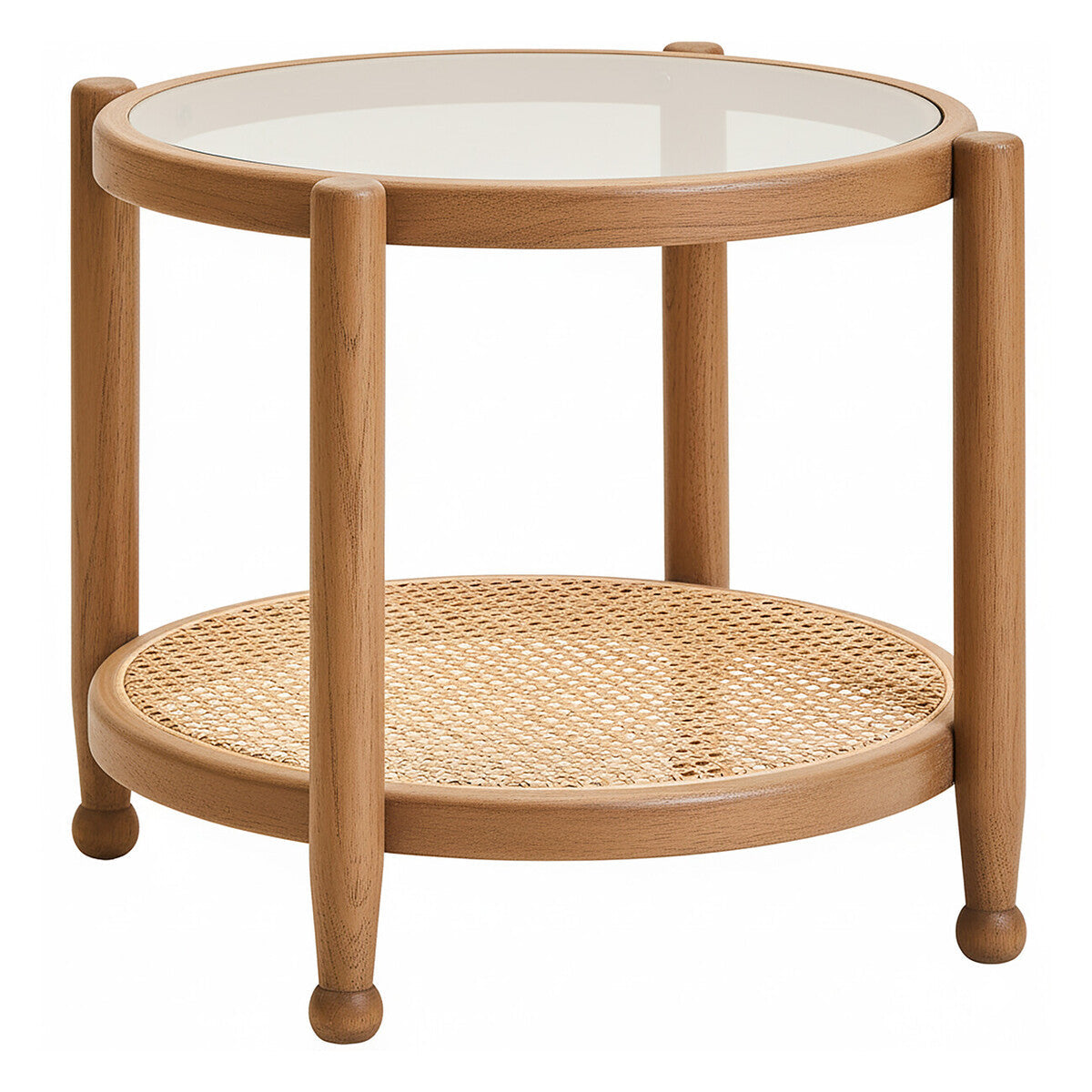 Orsina side table with a glass top and woven cane shelf for stylish living room decor