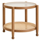 Orsina side table with a glass top and woven cane shelf for stylish living room decor
