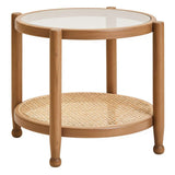 Orsina side table with a glass top and woven cane shelf for stylish living room decor