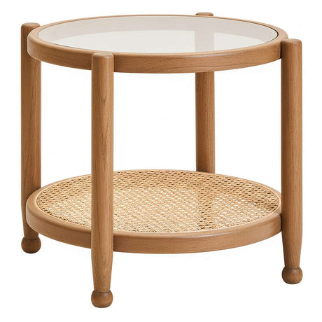 Orsina side table with a glass top and woven cane shelf for stylish living room decor