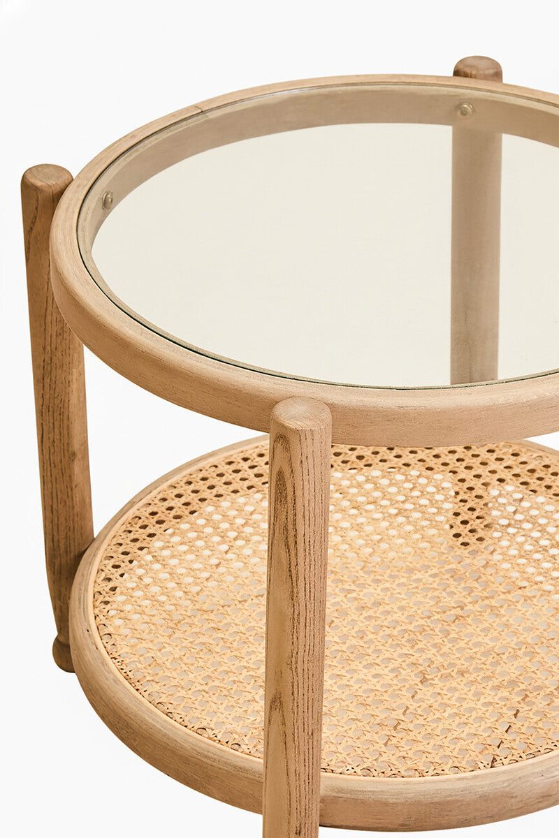 Orsina Side Table with Glass Top and Rattan Base for Stylish Living Room Decor