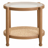 Orsina modern wooden side table with glass top and woven lower shelf for stylish decor