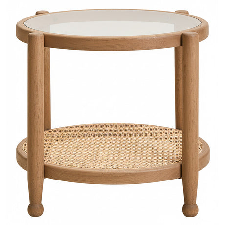 Orsina modern wooden side table with glass top and woven lower shelf for stylish decor