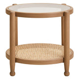 Orsina modern wooden side table with glass top and woven lower shelf for stylish decor
