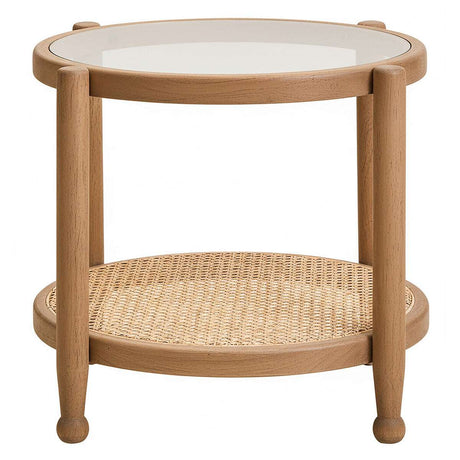 Orsina modern wooden side table with glass top and woven lower shelf for stylish decor