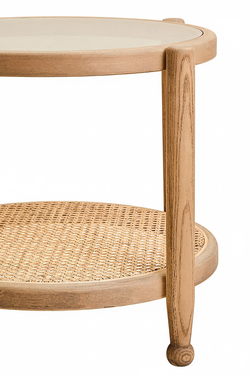Orsina Side Table with round design featuring a wooden base and woven lower shelf