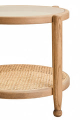 Orsina Side Table with round design featuring a wooden base and woven lower shelf