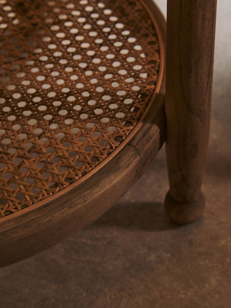 Orsina side table with natural wood finish and woven rattan top, perfect for living spaces
