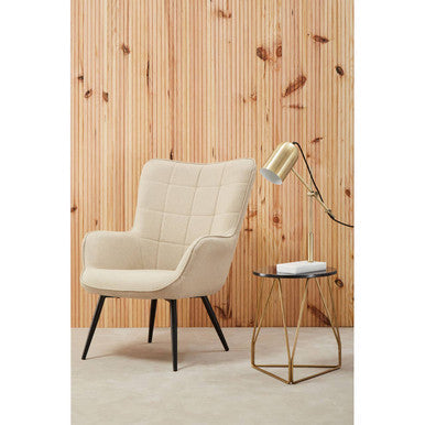 Modern Orsina Side Table with Geometric Design, Paired with Cream Armchair and Stylish Lamp