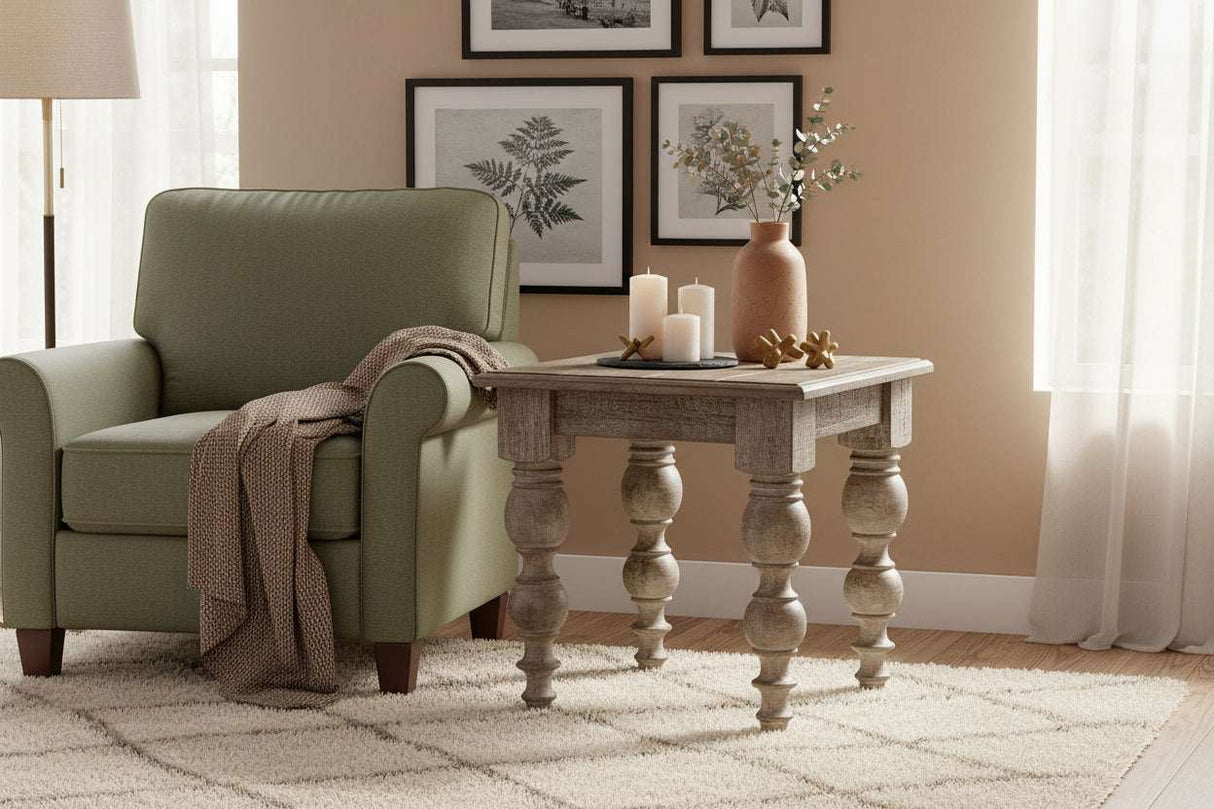 Rustic Shades 4 Seasons side table with decorative candles and a vase in a cozy living space