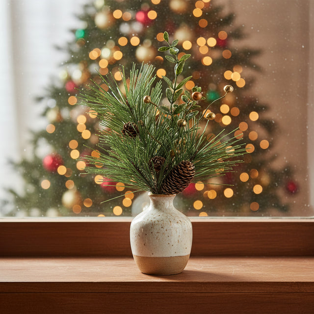 Festive arrangement of artificial greenery in a vase with gold spray accents for Christmas decor