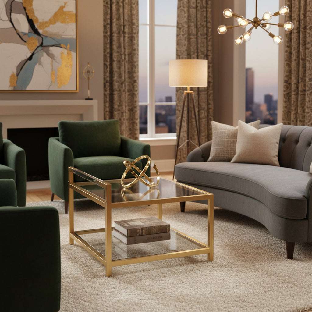 Orsina Glass and Gold End Table in Modern Living Room with Stylish Seating and Ambient Lighting