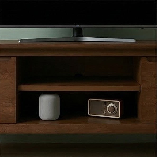 Stylish Fishe and Lilly TV Stand in dark wood with storage shelves and decorative accessories