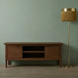 Fishe and Lilly TV Stand in a warm wood finish with open shelves for media storage