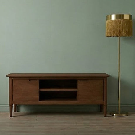 Fishe and Lilly TV Stand in a warm wood finish with open shelves for media storage