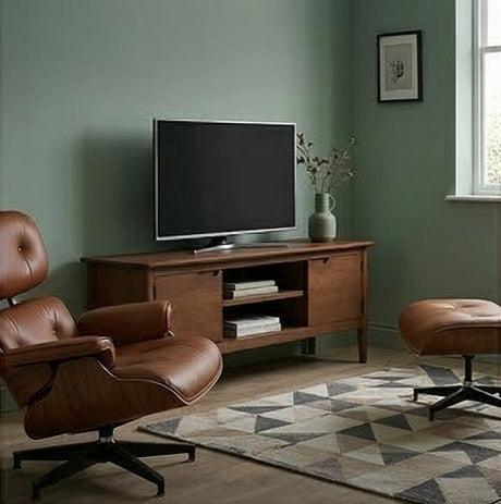 Fishe and Lilly TV Stand in wood with shelves, featuring a stylish living room setup