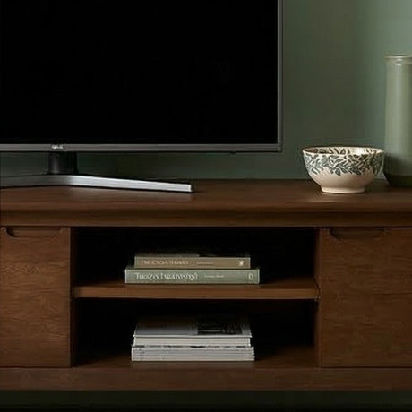 Fishe and Lilly TV Stand in dark wood with open shelves and decorative elements for stylish living rooms