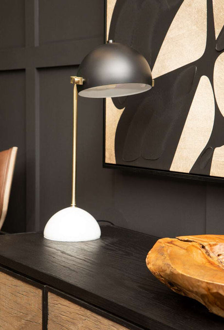 Orsina Table Lamp with a modern black shade and white base, perfect for contemporary decor