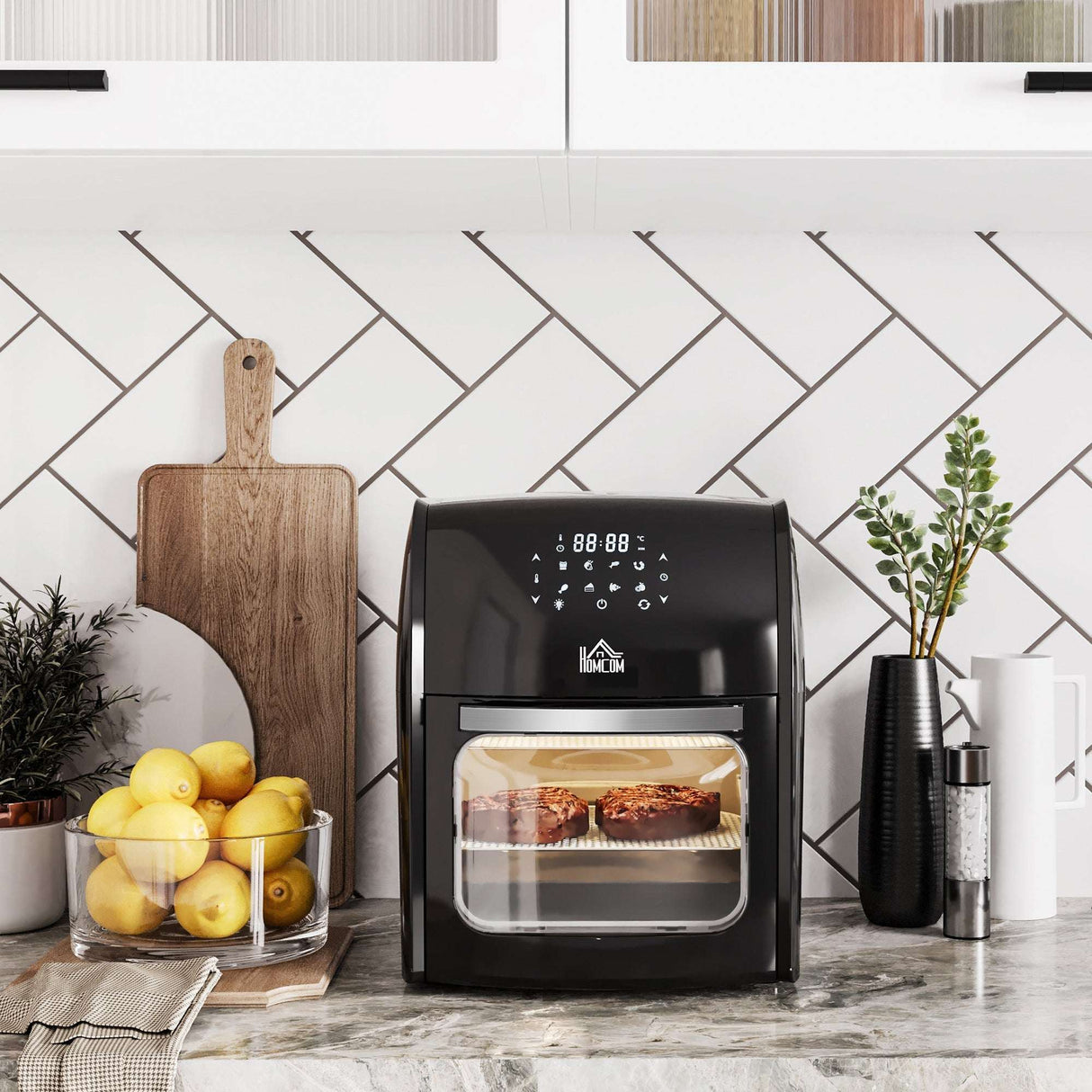 Wise Galleria Air Fryer in black showcasing evenly cooked snacks on a kitchen counter