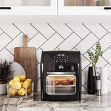 Wise Galleria Air Fryer in black showcasing evenly cooked snacks on a kitchen counter