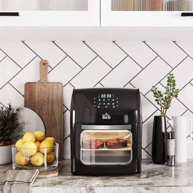 Wise Galleria Air Fryer in black showcasing evenly cooked snacks on a kitchen counter