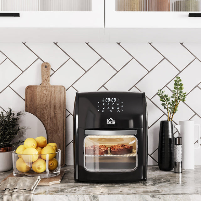 Wise Galleria Air Fryer in black showcasing evenly cooked snacks on a kitchen counter