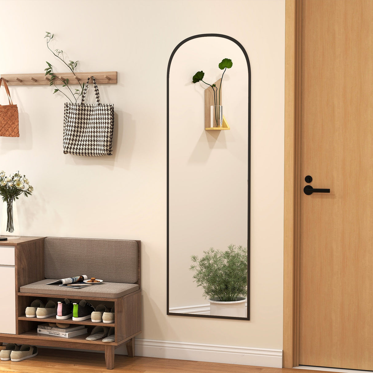 Modern Standing Mirror with a sleek black frame reflecting a stylish entryway decor