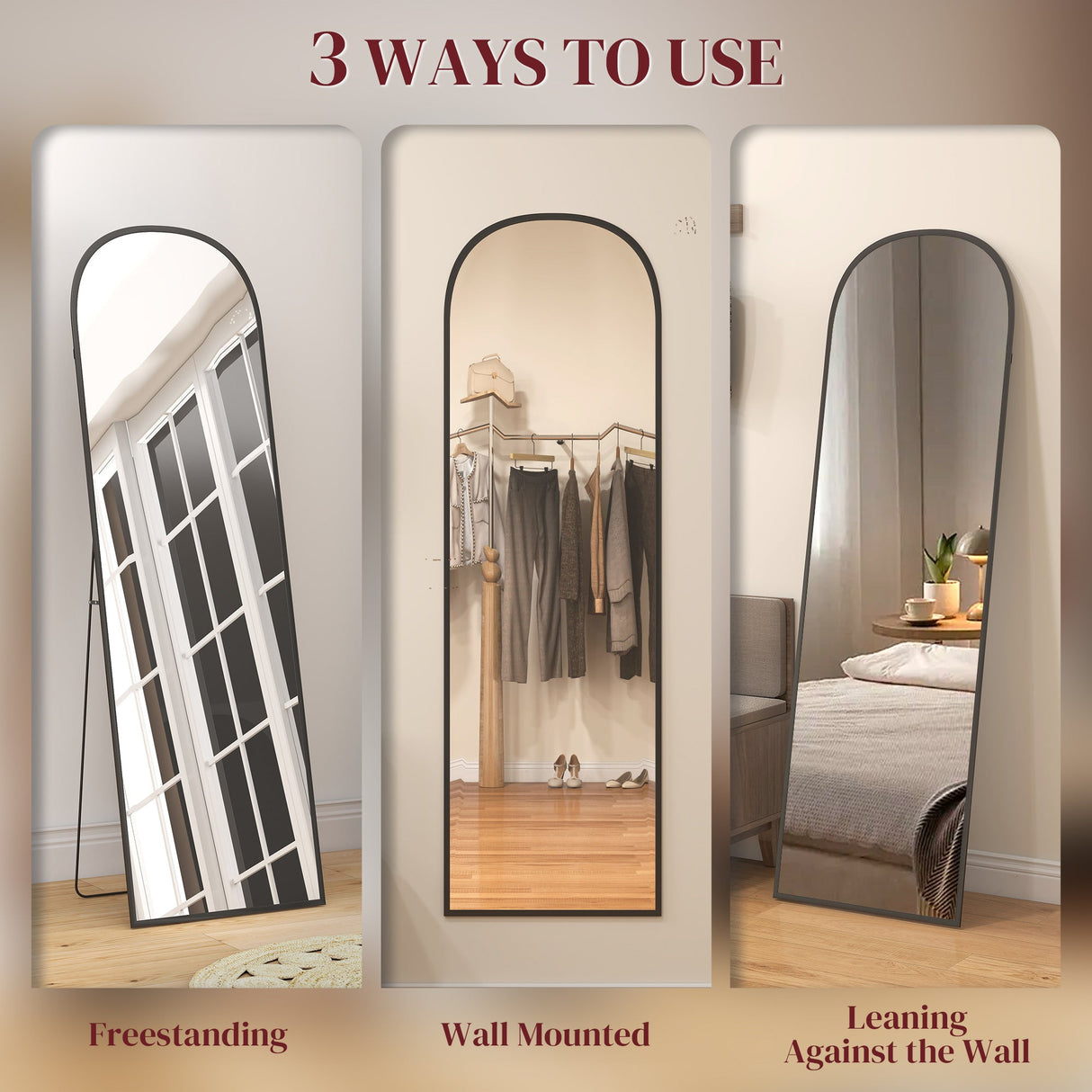 Wise Galleria Standing Mirror in three uses: freestanding, wall mounted, and leaning against the wall