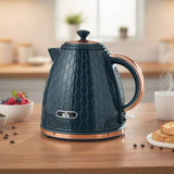 Stylish Honeycomb Kettle in dark navy with copper accents for modern kitchens
