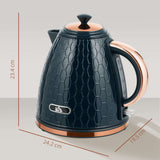 Wise Galleria Honeycomb Kettle in navy blue with copper accents and size dimensions displayed
