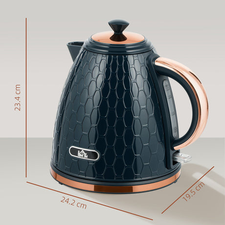 Wise Galleria Honeycomb Kettle in navy blue with copper accents and size dimensions displayed
