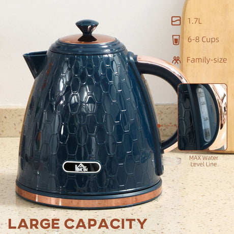 Wise Galleria Honeycomb Kettle in navy blue with a 1.7L capacity for 6-8 cups of tea