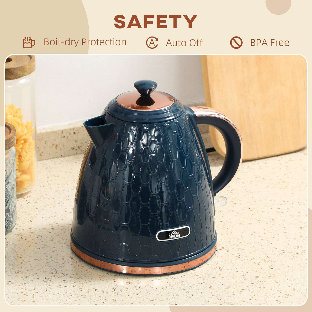 Wise Galleria Honeycomb Kettle in navy blue with copper accents and safety features