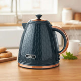 Wise Galleria Honeycomb Kettle in navy blue with copper accents for a stylish kitchen