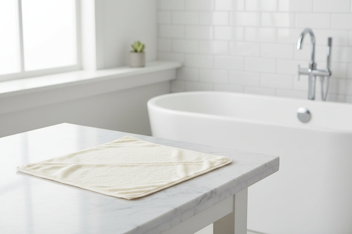 Eco Bath London Hooded Towel on a marble bathroom counter, perfect for after bath comfort