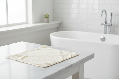 Eco Bath London Hooded Towel on a marble bathroom counter, perfect for after bath comfort