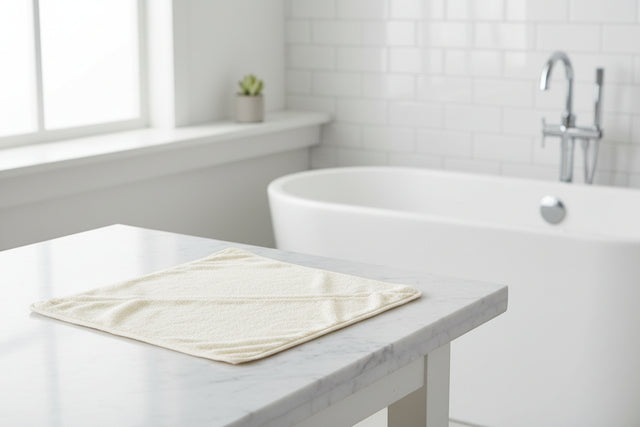 Eco Bath London Hooded Towel on a marble bathroom counter, perfect for after bath comfort