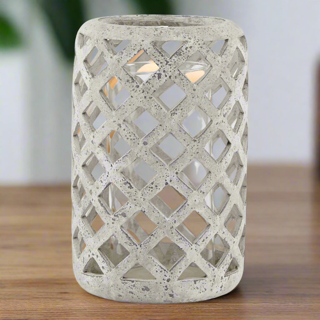 Large Grey Stone Effect Hurricane Lantern GREY CERAMIC Shades 4 Seasons