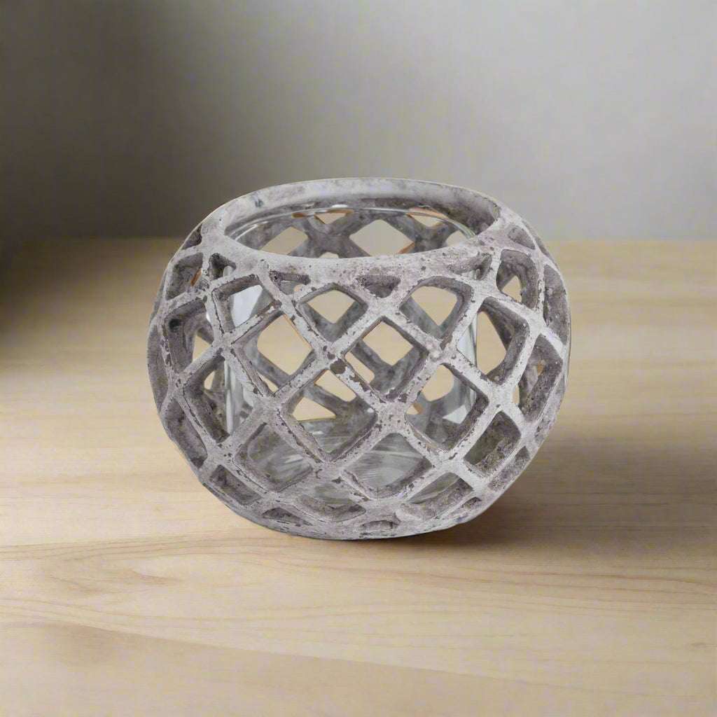 Large Round Ceramic Lattice Hurricane Lantern STONE CERAMIC Shades 4 Seasons