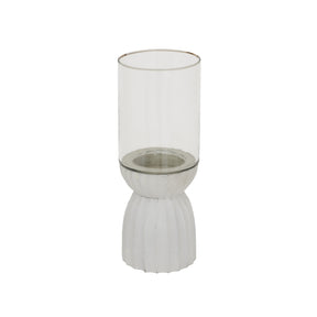 Elegant Hurricane Lantern with a clear glass body and textured white base for stylish decor