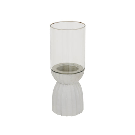 Elegant Hurricane Lantern with a clear glass body and textured white base for stylish decor