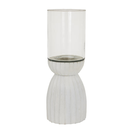 Elegant Hurricane Lantern with a white textured base and clear glass cylindrical cover for candles