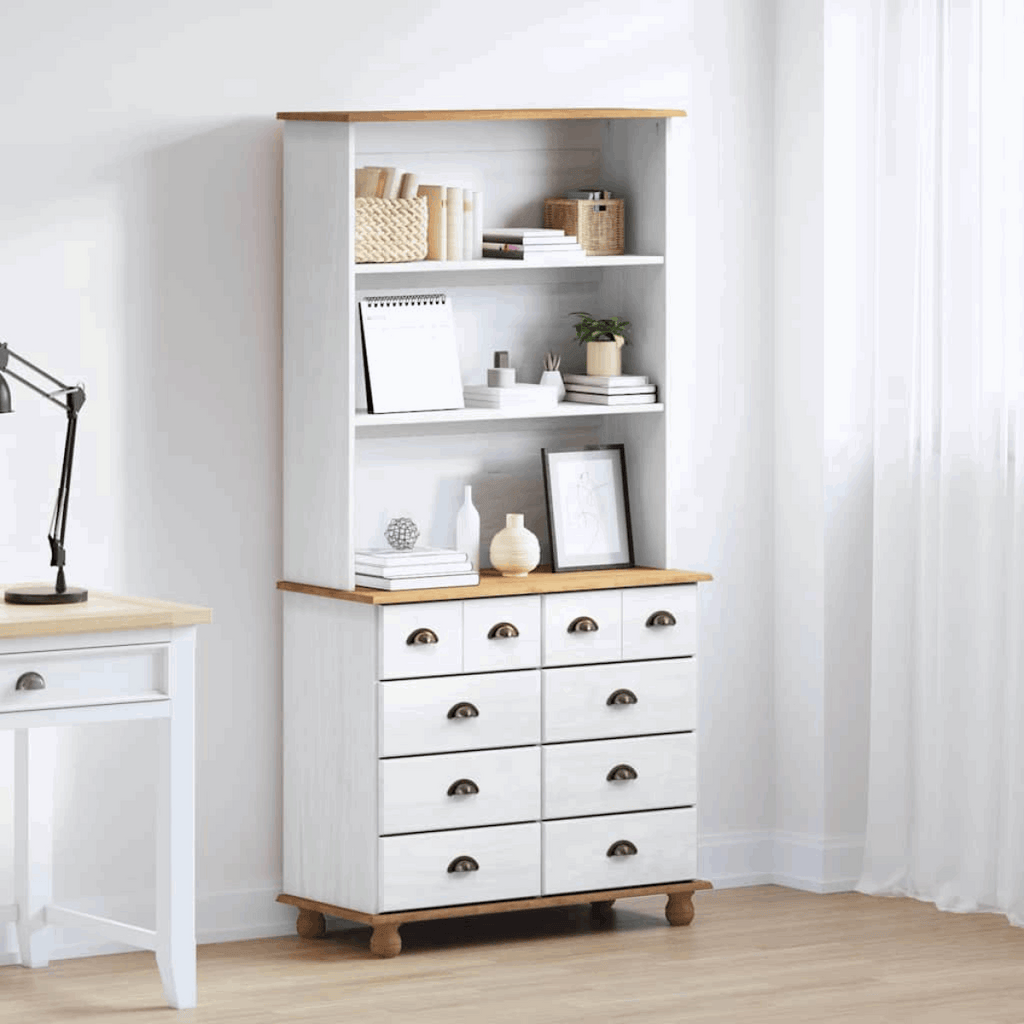 vidaXL Hutch with Drawer Brown 91 x 40 x 200.5 cm Solid Pine wood White 8 drawers vidaXL