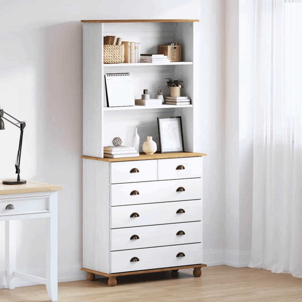 vidaXL Hutch with Drawer Brown 91 x 40 x 200.5 cm Solid Pine wood White 6 drawers vidaXL