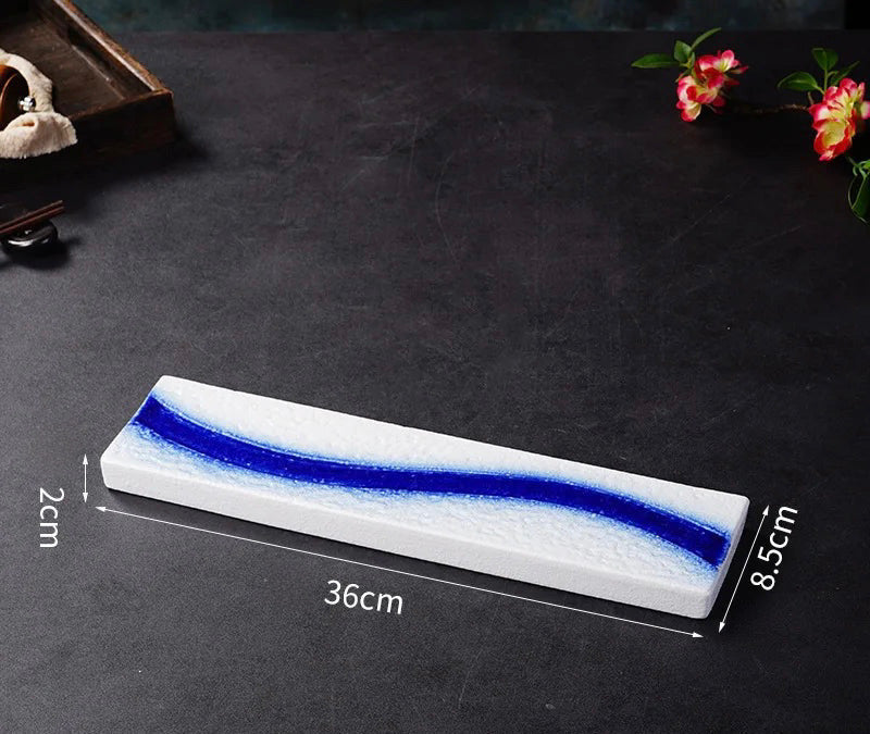Nisu Home Ichi Dishes Long White Platter with Blue Wave Design, 36cm x 8.5cm