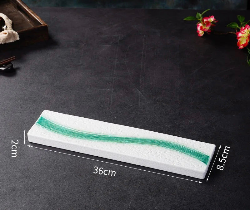 Nisu Home Ichi Dishes Serving Plate with Elegant Green Stripe, 36cm Long and 8.5cm Wide