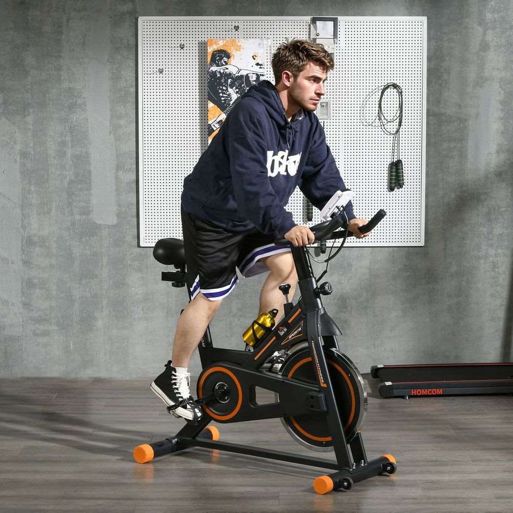 HOMCOM Indoor Exercise Bike Cycling With LCD Display, Heart Rate Sensor, Orange HOMCOM
