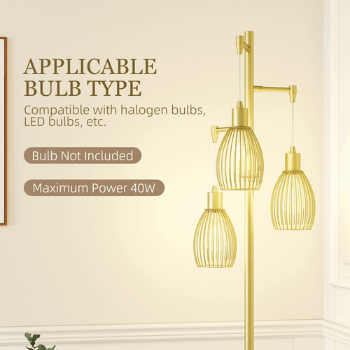 HOMCOM 3-Light Industrial Floor Lamp Dimmable Standing Lamp, Gold HOMCOM