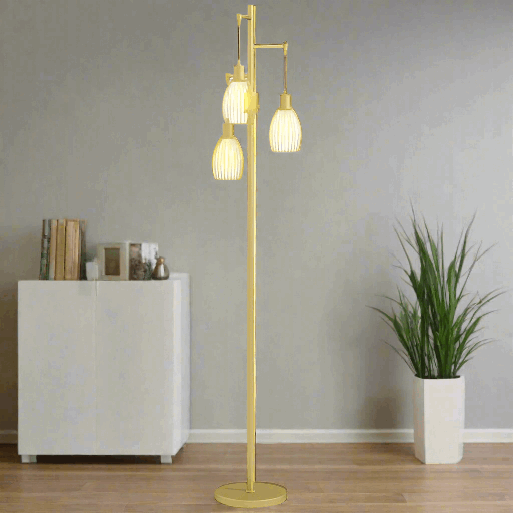 HOMCOM 3-Light Industrial Floor Lamp Dimmable Standing Lamp, Gold HOMCOM