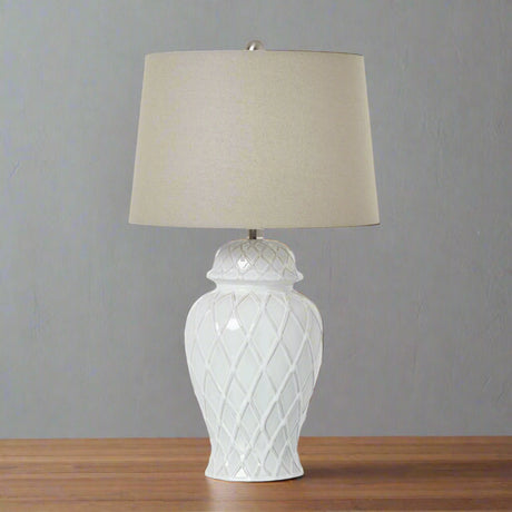 White Ceramic Ginger Jar Lamp With Linen Shade WHITE CERAMIC Shades 4 Seasons
